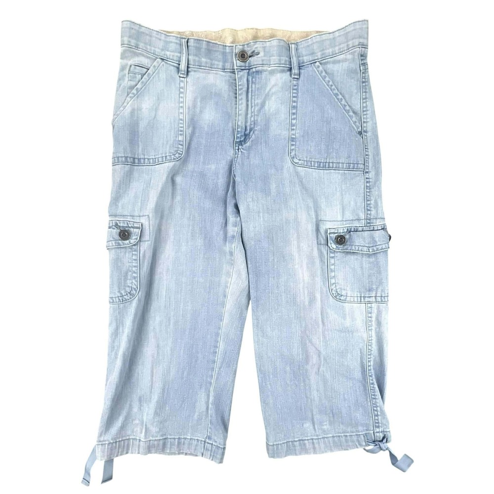 Lee Relaxed Fit Capri Cargo Pants Light Wash‎ Drawstring Hem Women's Size 10